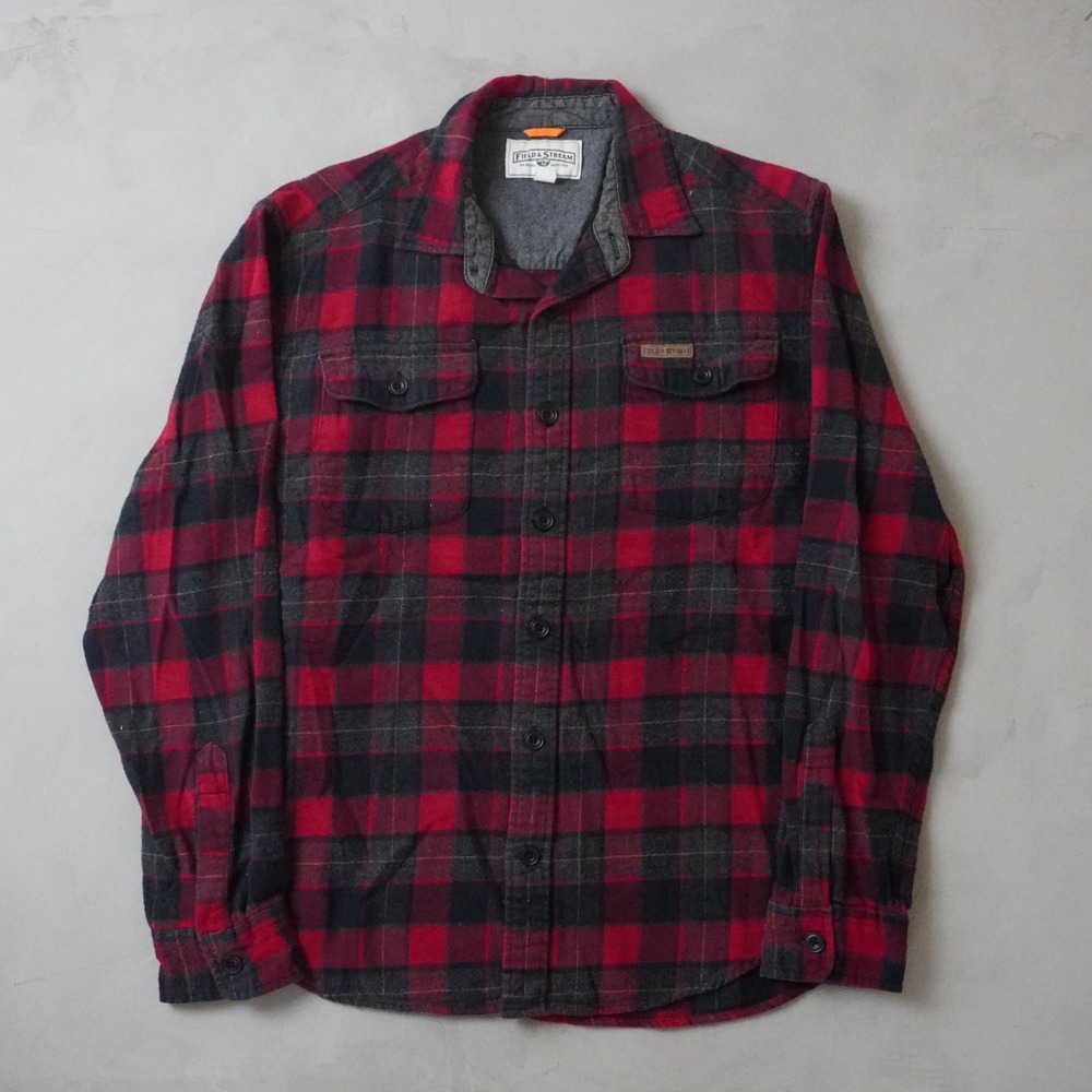 Field & Stream Flannel Shirt Large Mens Red Black Buffalo Plaid Cotton Button Up